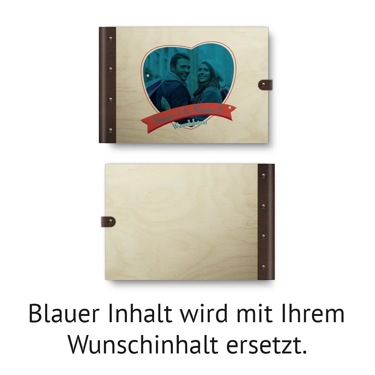 Personalisiertes Hochzeit Gästebuch Birkensperrholz Leder UV-Druck DIN A4 quer - Herzbild