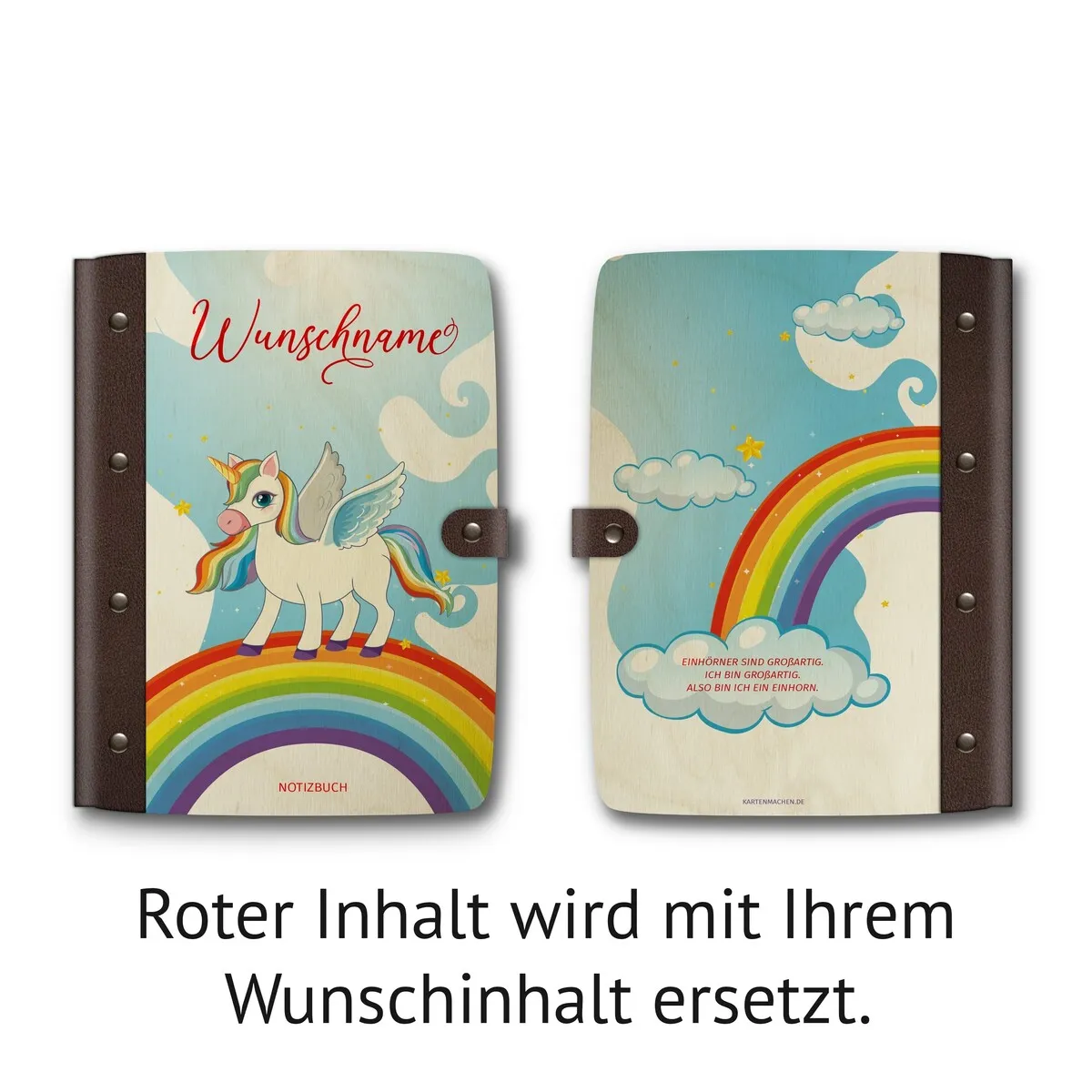 Personalisiertes Notizbuch / Tagebuch Birkensperrholz für Kinder - Regenbogeneinhron