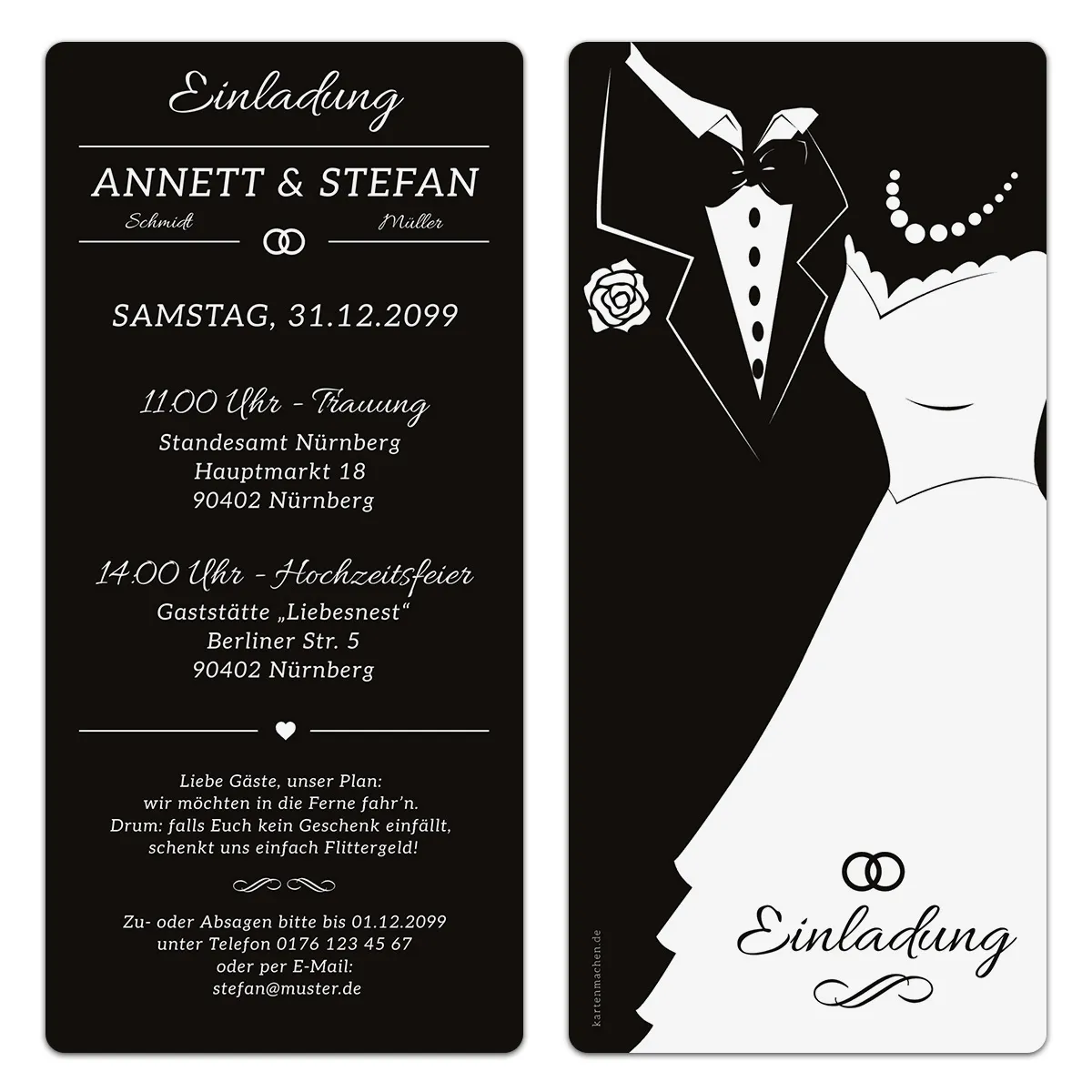 Hochzeitseinladungen - Black and White Brautpaar - Schwarz