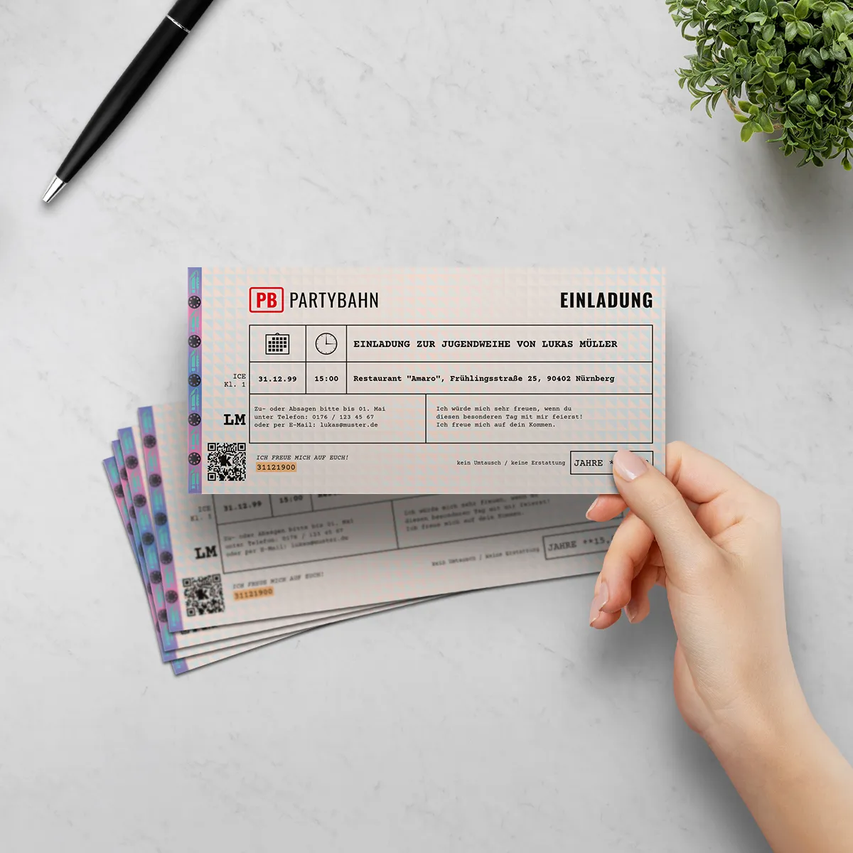 Einladungen zur Jugendweihe - "Bahnticket" Design