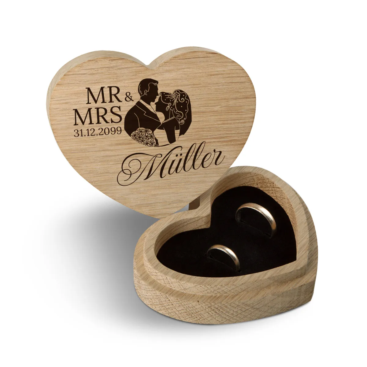 Hochzeit Herz Ringbox Eichenholz - Mr & Mrs