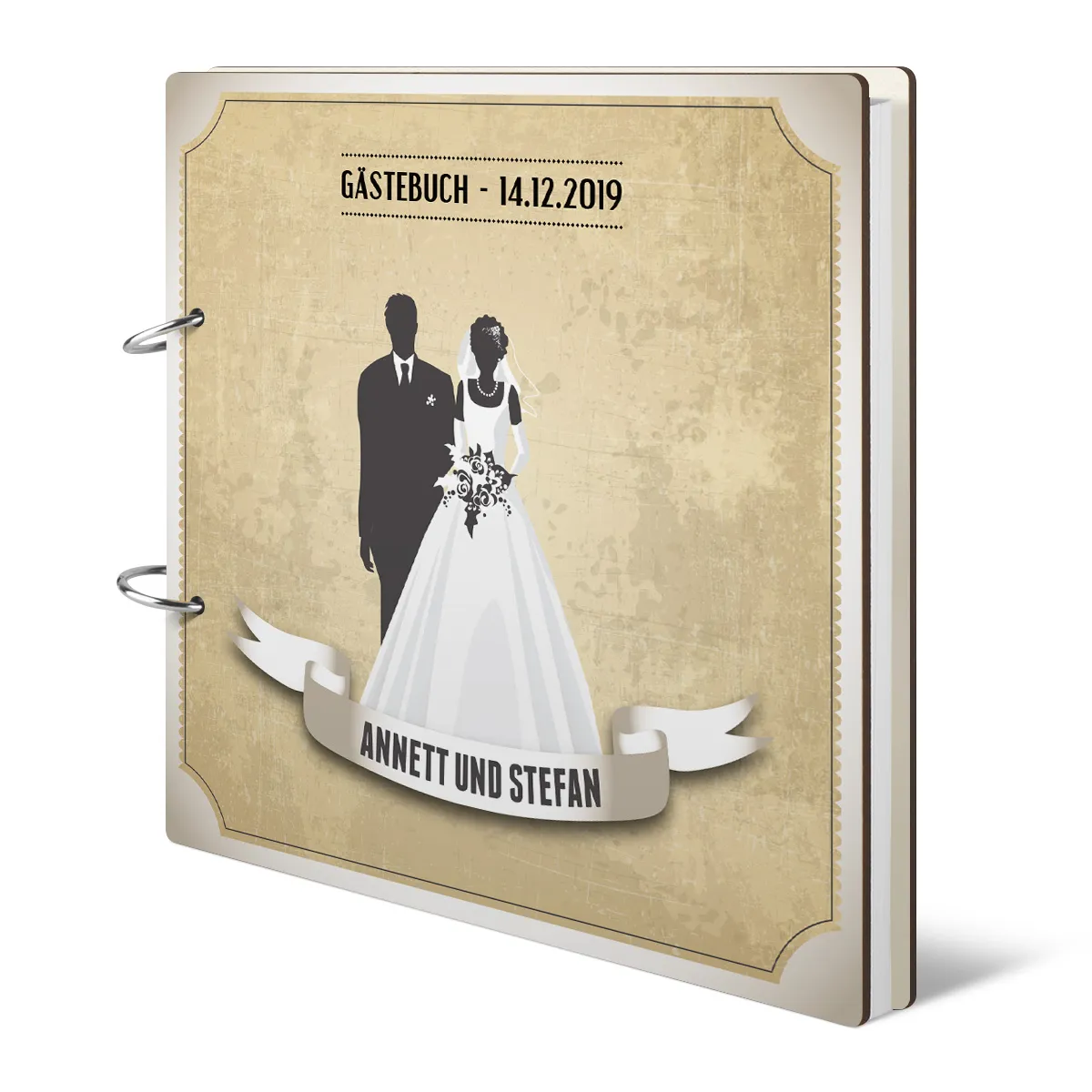Personalisiertes Holzcover Hochzeit Gästebuch - Vintage Brautpaar Weiß