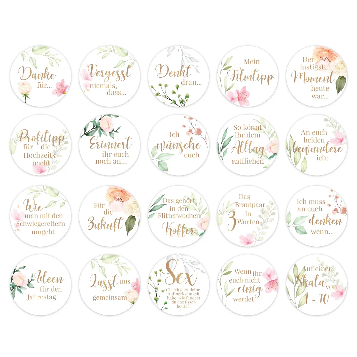 Hochzeit Gästebuch Sticker 40 Fragen - Blumen