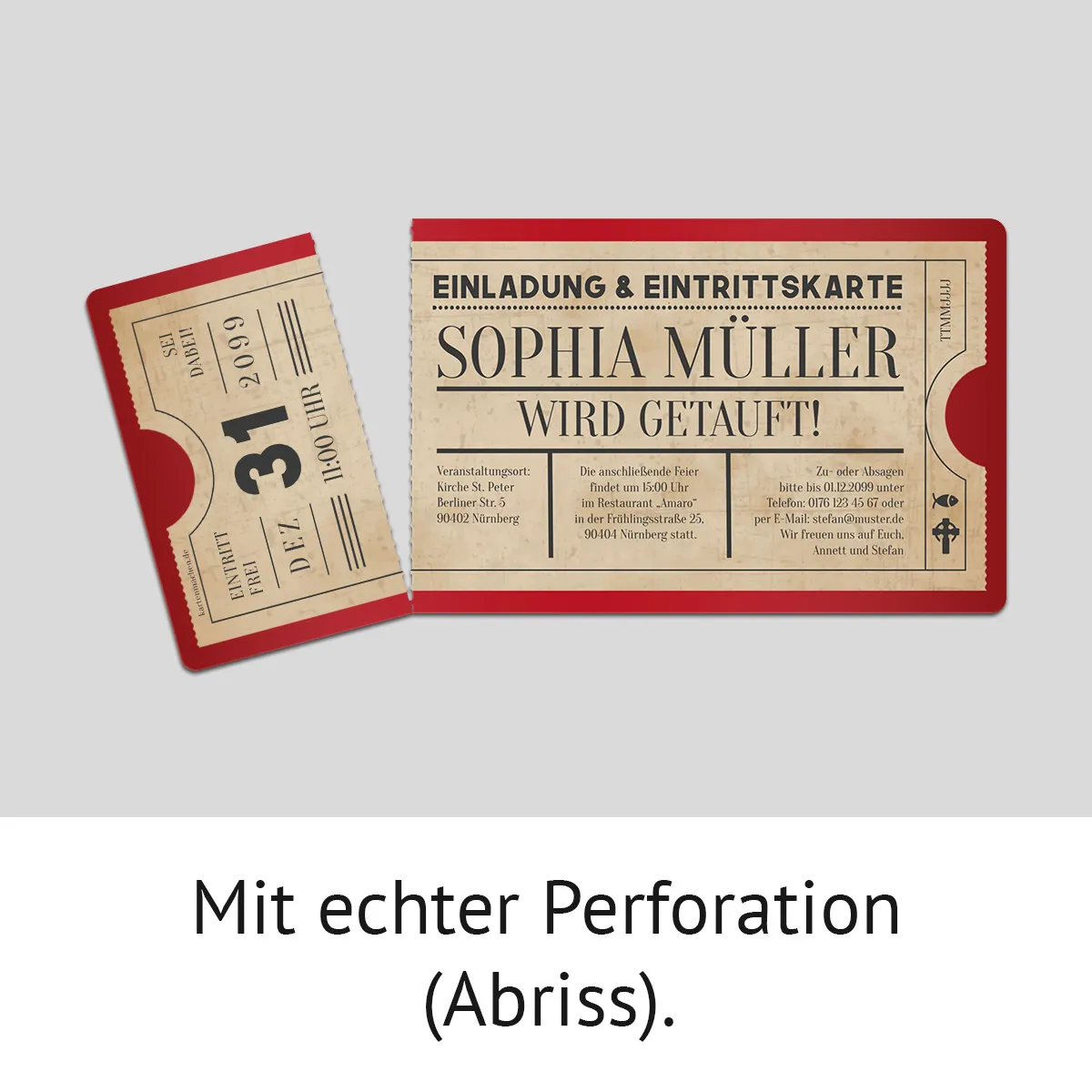 Taufe Einladungskarten - Vintage Ticket in Rot