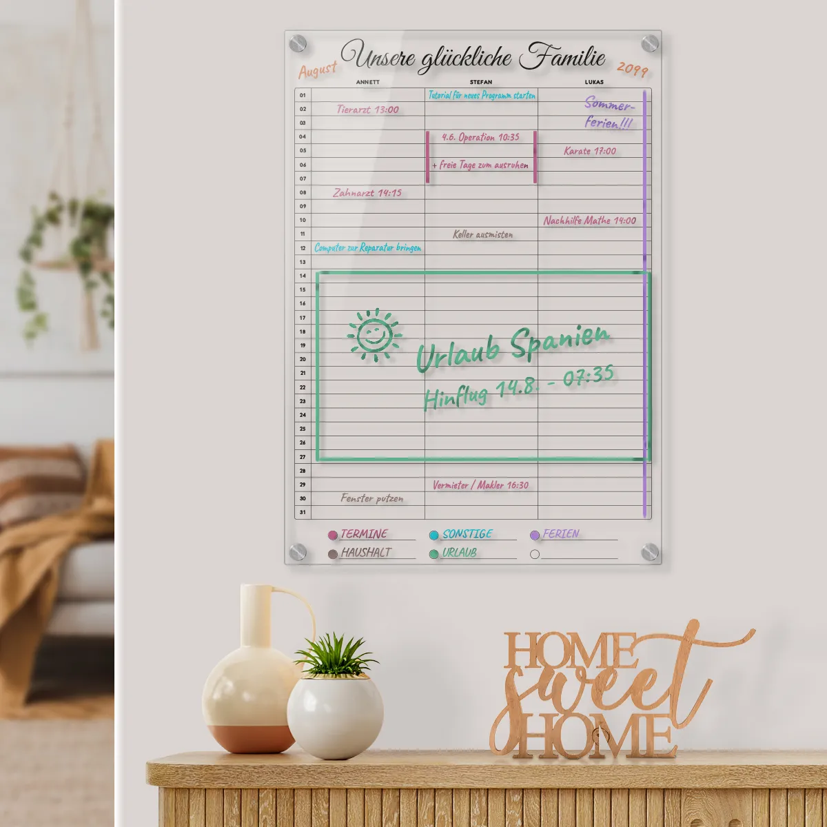 Personalisierter Acrylglas 3-Spalten Familienplaner Kalender