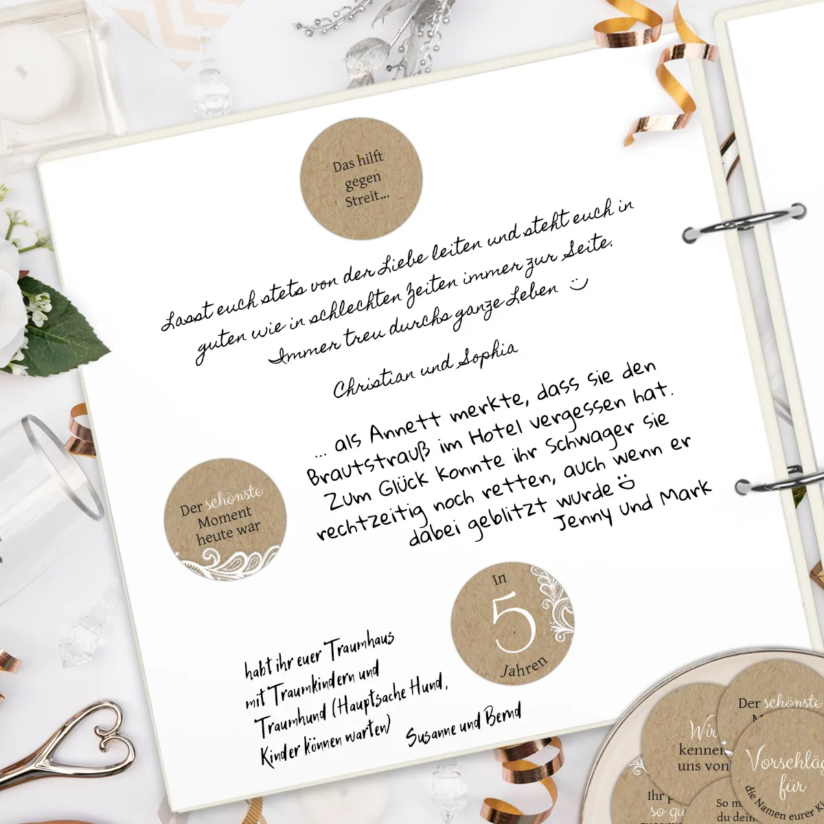 Hochzeit Gästebuch Sticker 40 Fragen - Kraftpapier Look