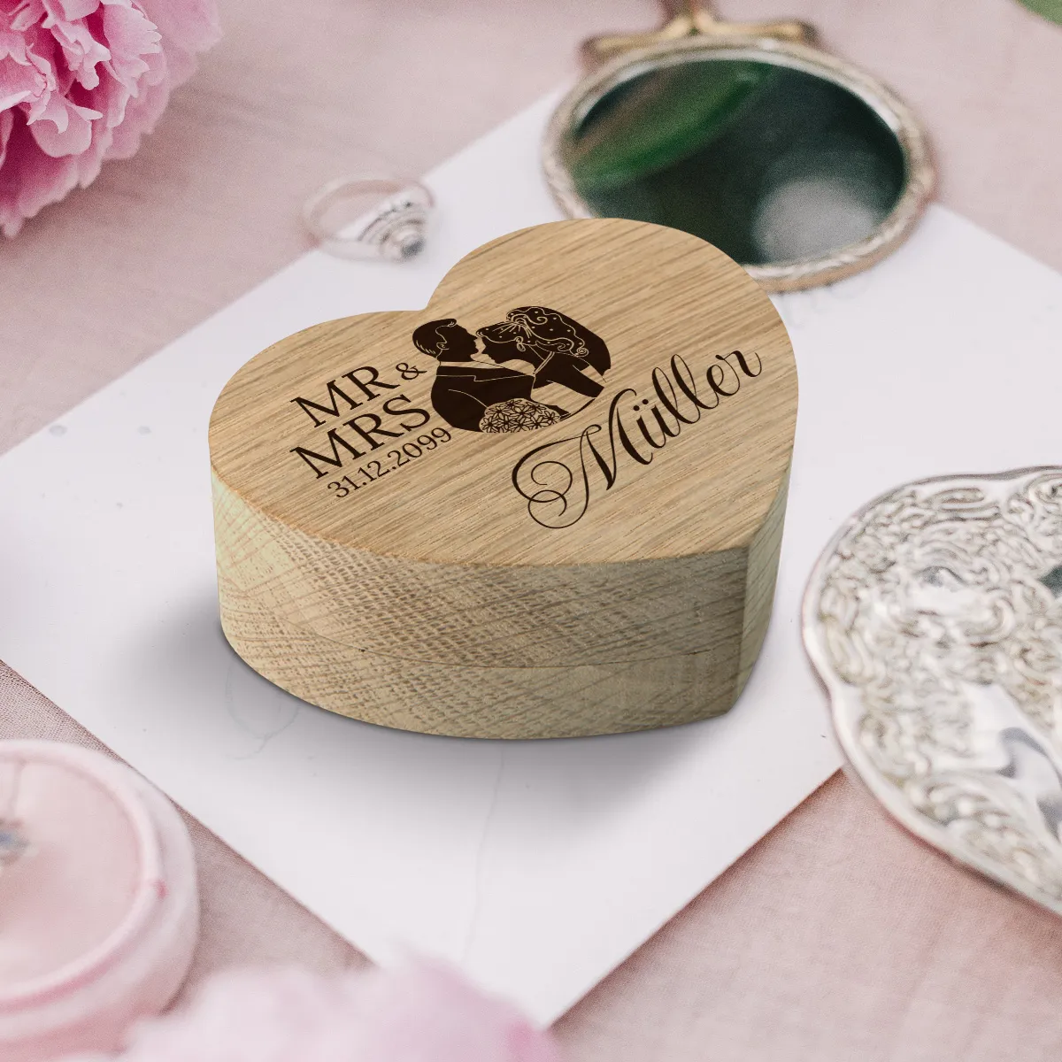 Hochzeit Herz Ringbox Eichenholz - Mr & Mrs