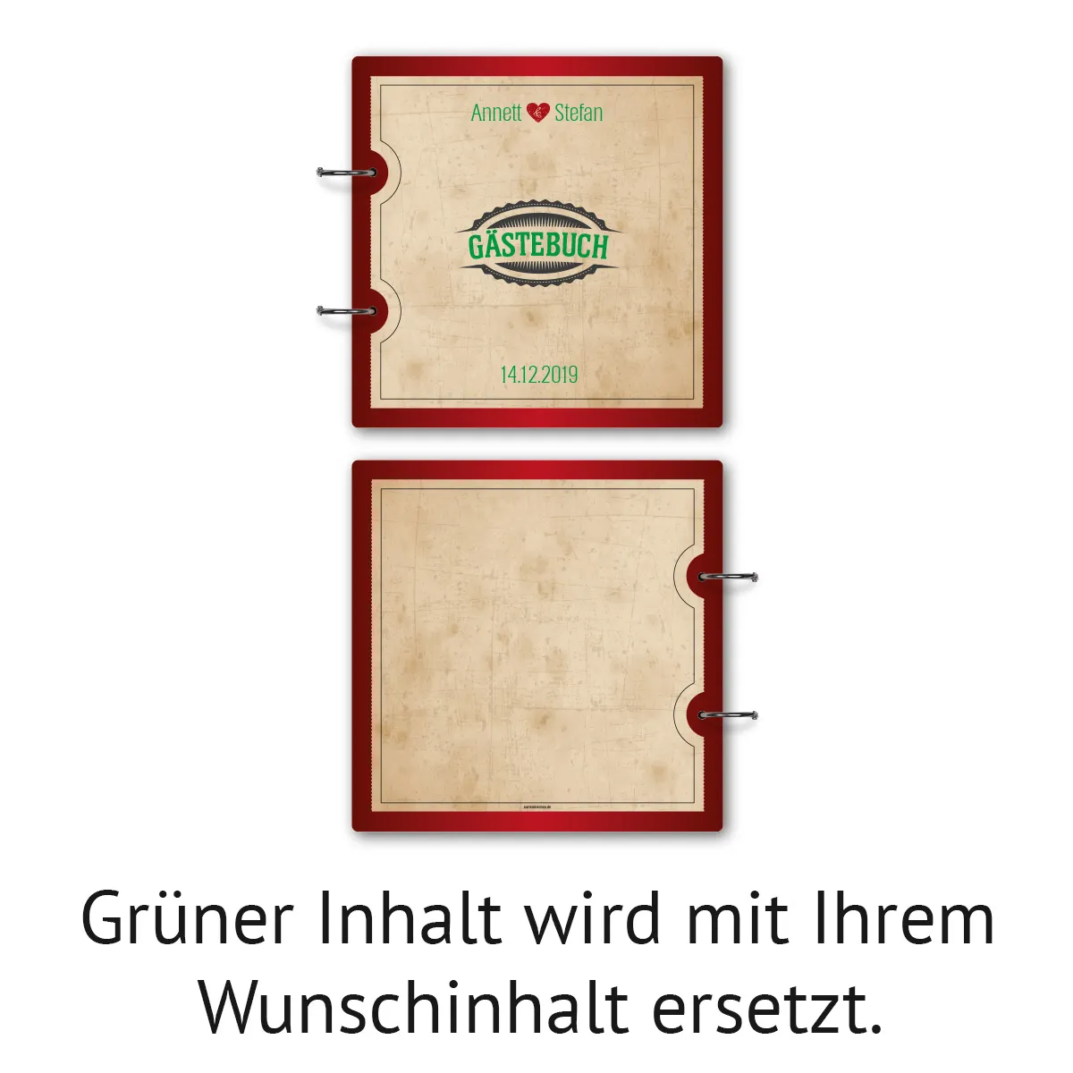 Personalisiertes Holzcover Hochzeit Gästebuch - Vintage Herz Rot