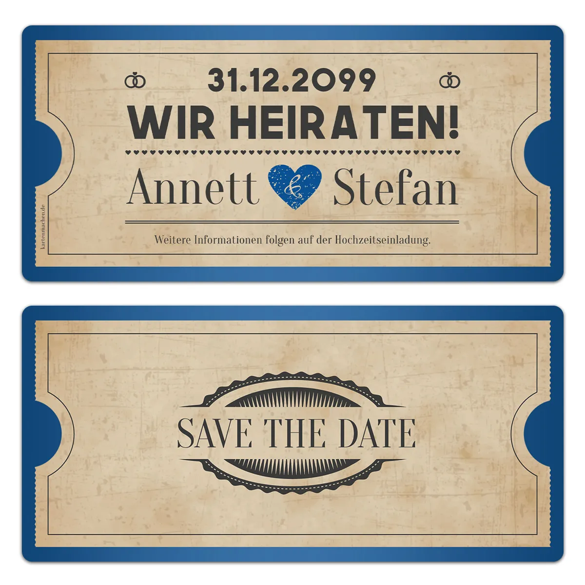 Save the Date Karten zur Hochzeit - Vintage Herz in Blau