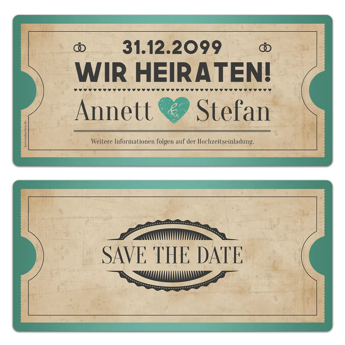 Save the Date Karten zur Hochzeit - Vintage Herz in Mintgrün