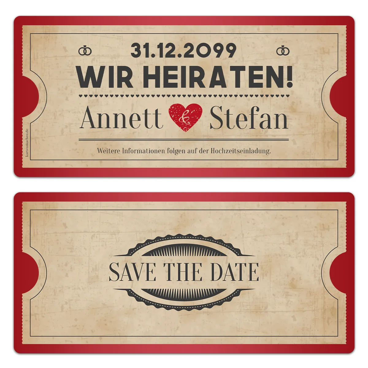 Save the Date Karten zur Hochzeit - Vintage Herz in Rot